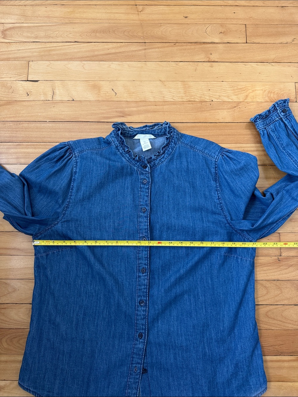H&M Blue Denim Ruffle-Neck Button-Front Shirt - Picture 5 of 6